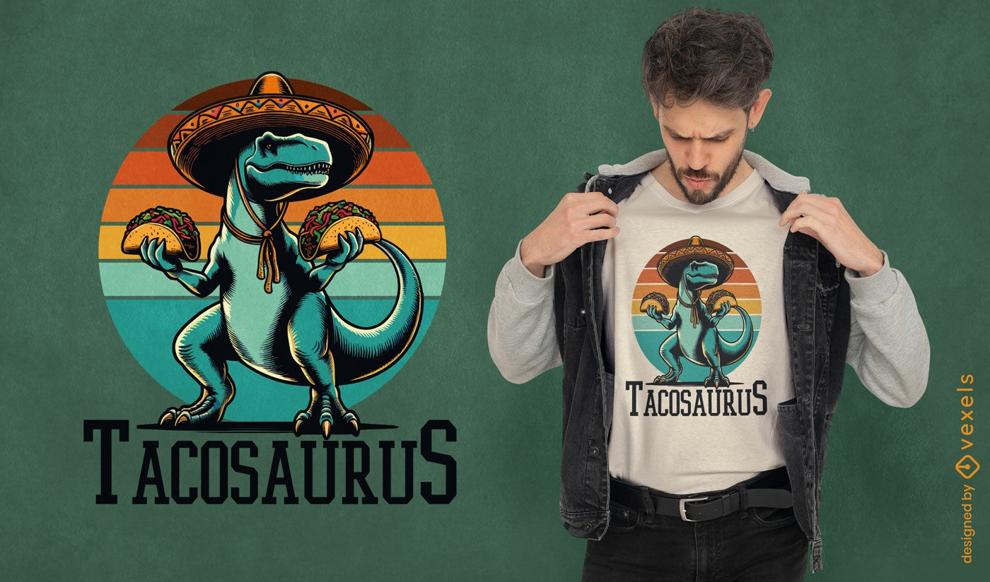 Diseño de camiseta de dinosaurios y tacos.