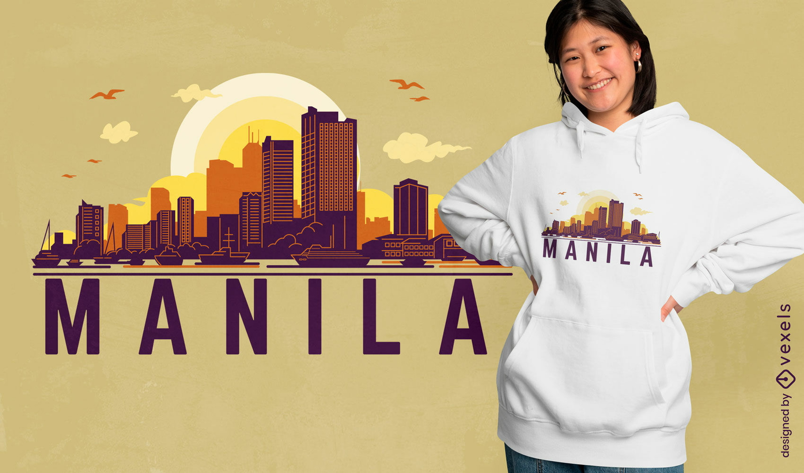 Diseño de camiseta del horizonte del atardecer de la ciudad de Manila.