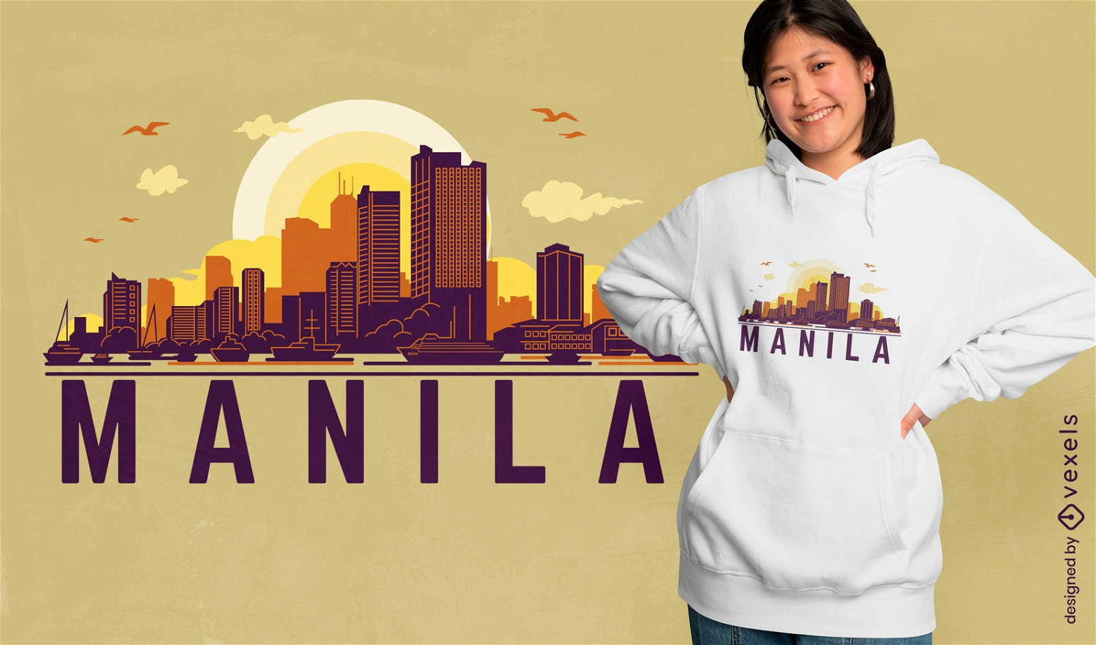 T-Shirt-Design mit Skyline der Stadt bei Sonnenuntergang in Manila