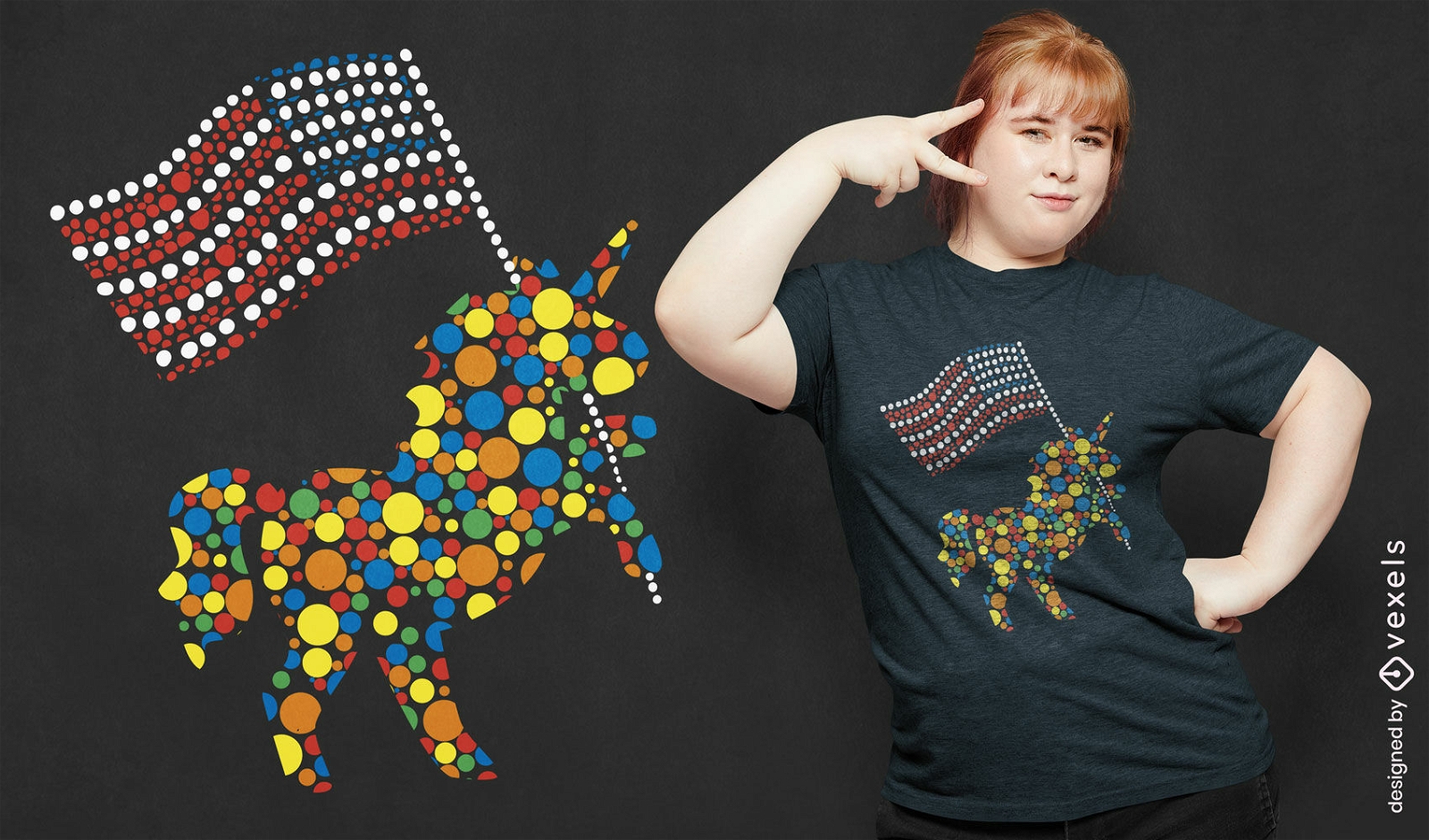Diseño de camiseta con bandera de EE. UU. de unicornio y lunares coloridos.
