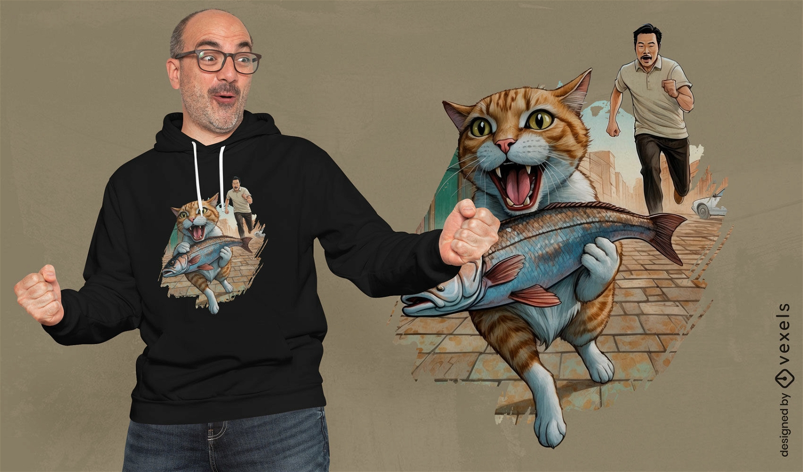 Design cômico de camiseta de gato e peixe escapando