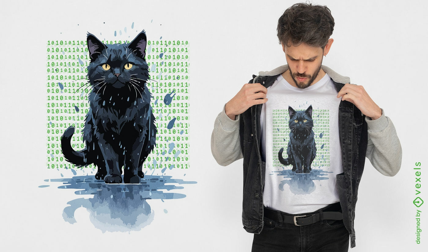 Diseño de camiseta de gato inspirado en Matrix.