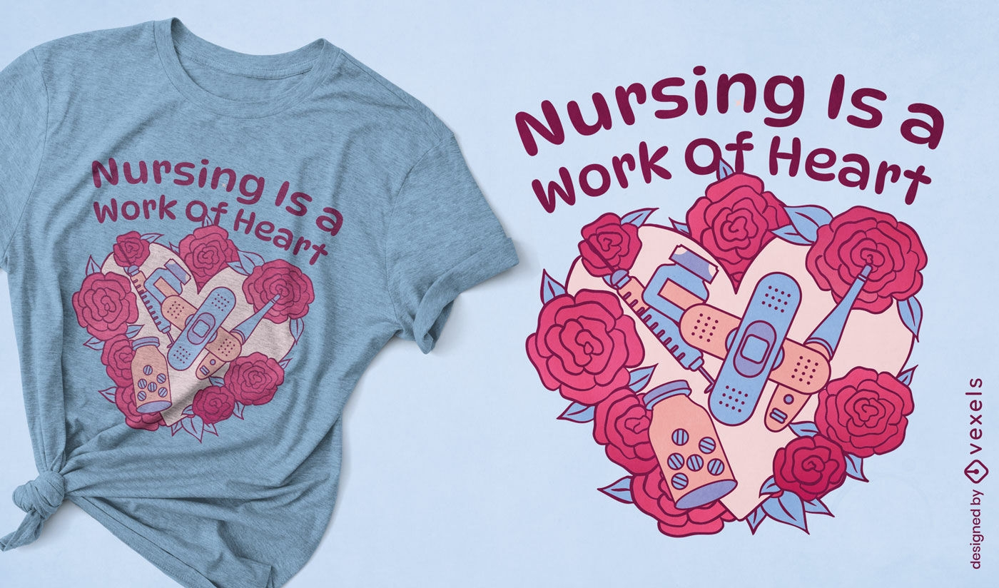 Diseño de camiseta de corazón con temática de enfermería.