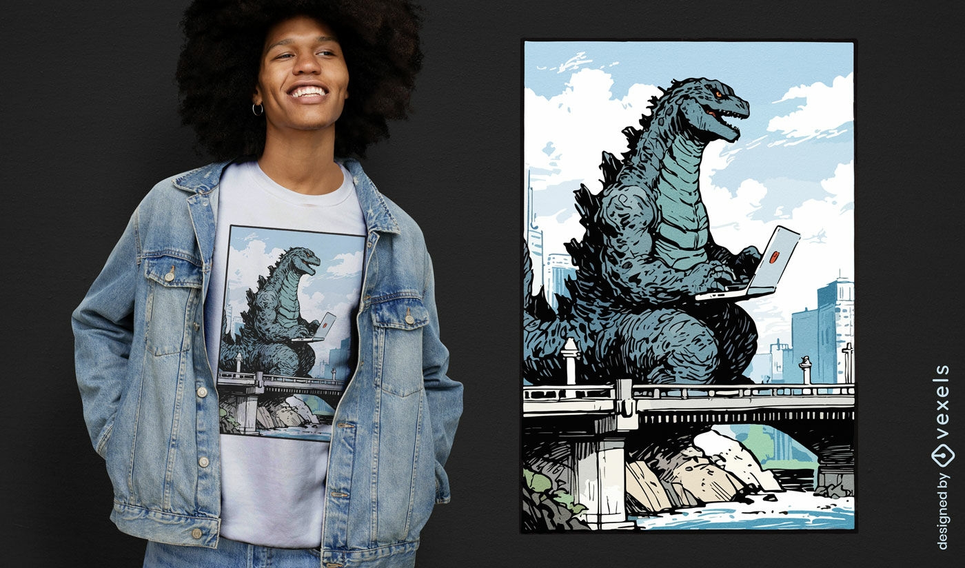 Diseño de camiseta de Godzilla en la ciudad.