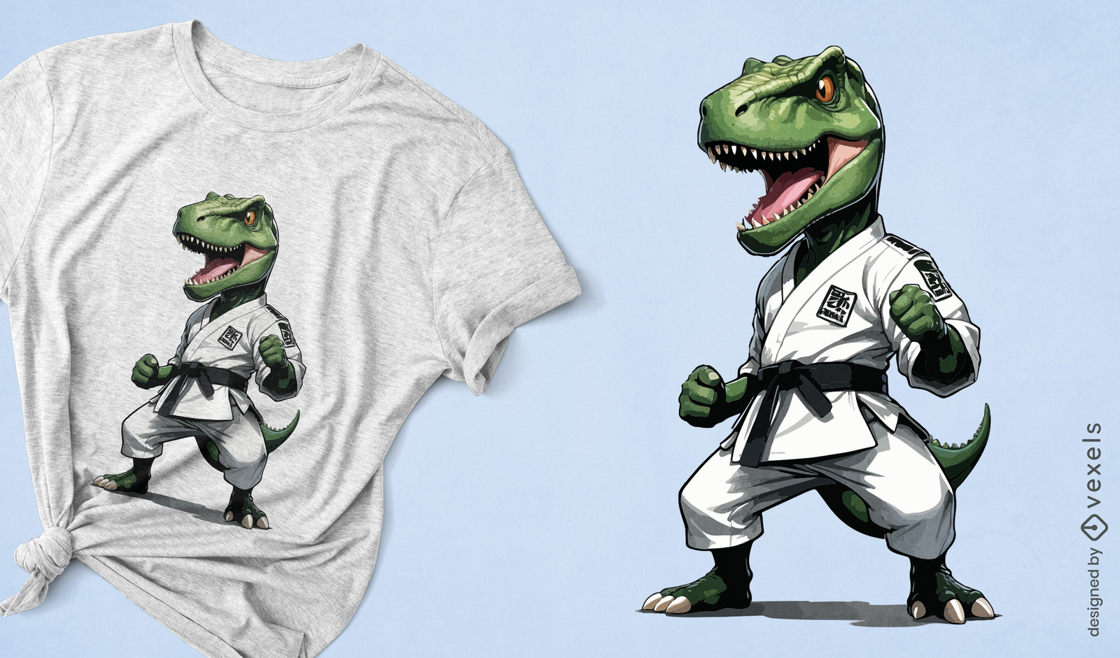 Diseño de camiseta de dinosaurio de karate valiente.