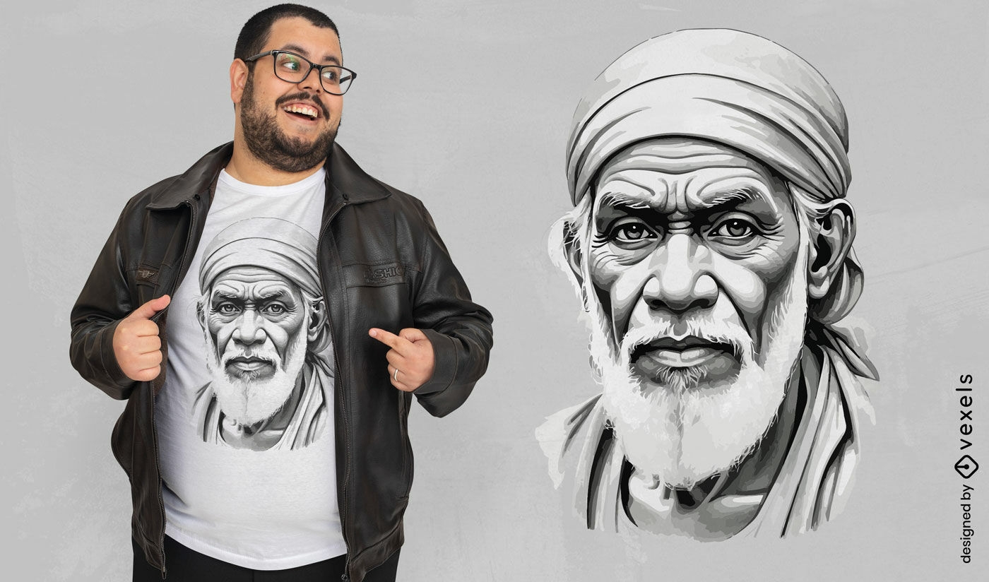 Diseño de camiseta con retrato de Sai Baba.