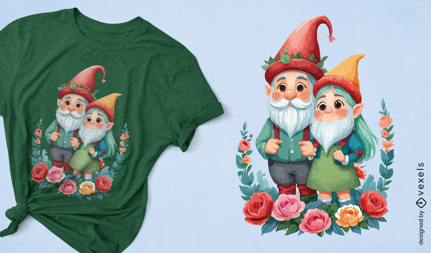 Diseño de camiseta con ilustración de gnomos de jardín.