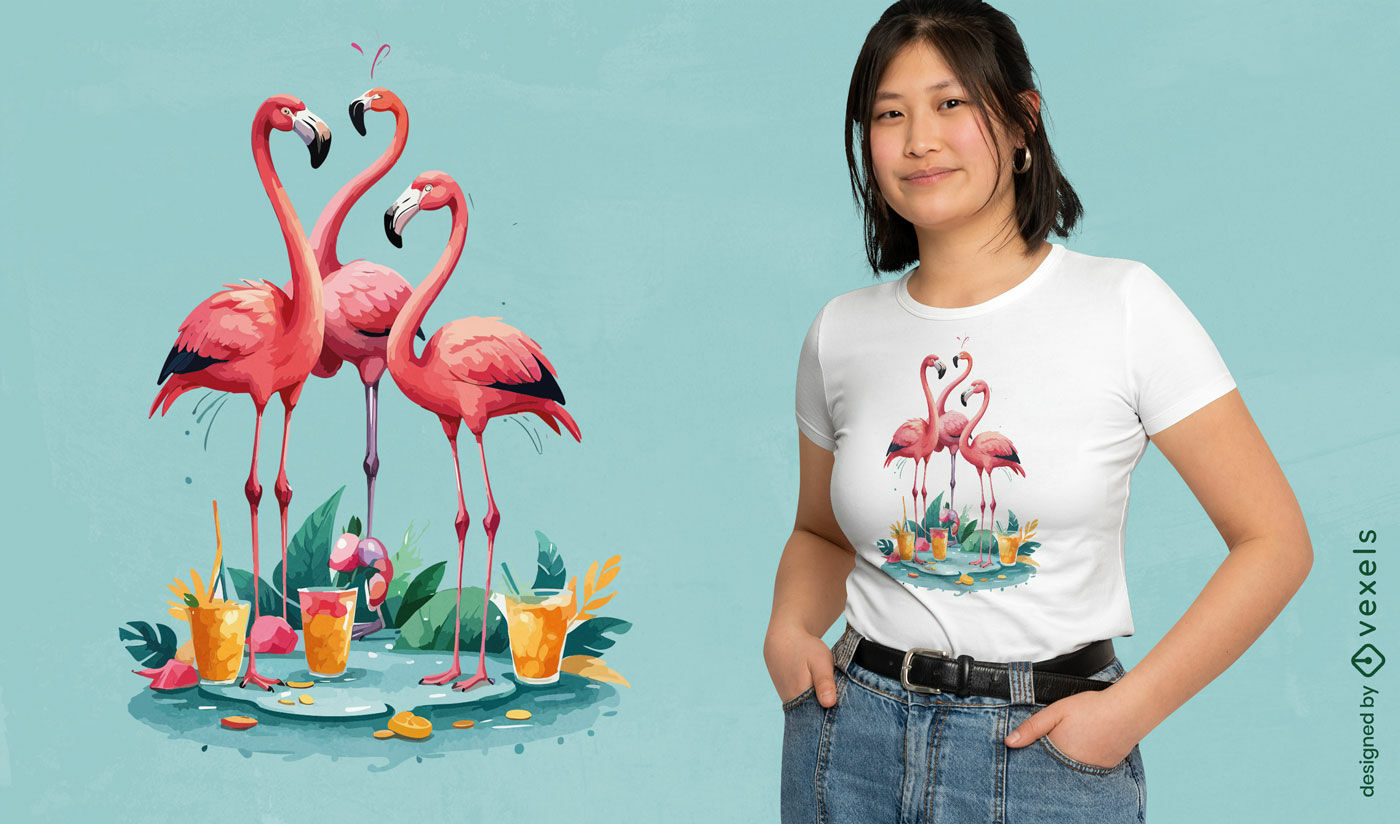 Diseño de camiseta de flamencos tropicales.