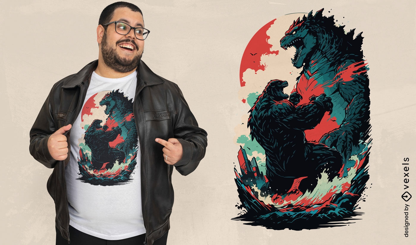 Design de camisetas com monstros em quadrinhos lutando