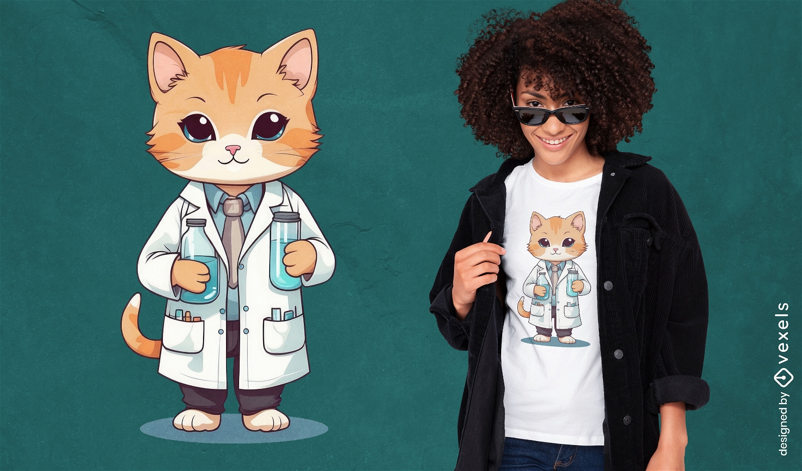 Design de camiseta de desenho animado de gato cientista