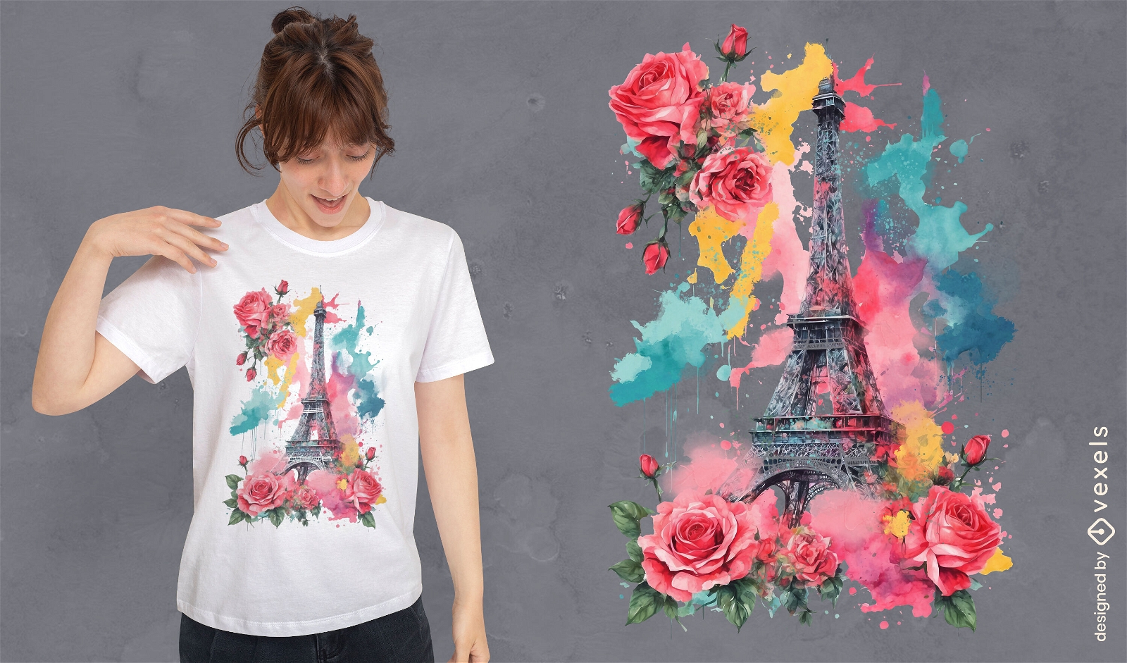 Diseño de camiseta floral de la Torre Eiffel de París.