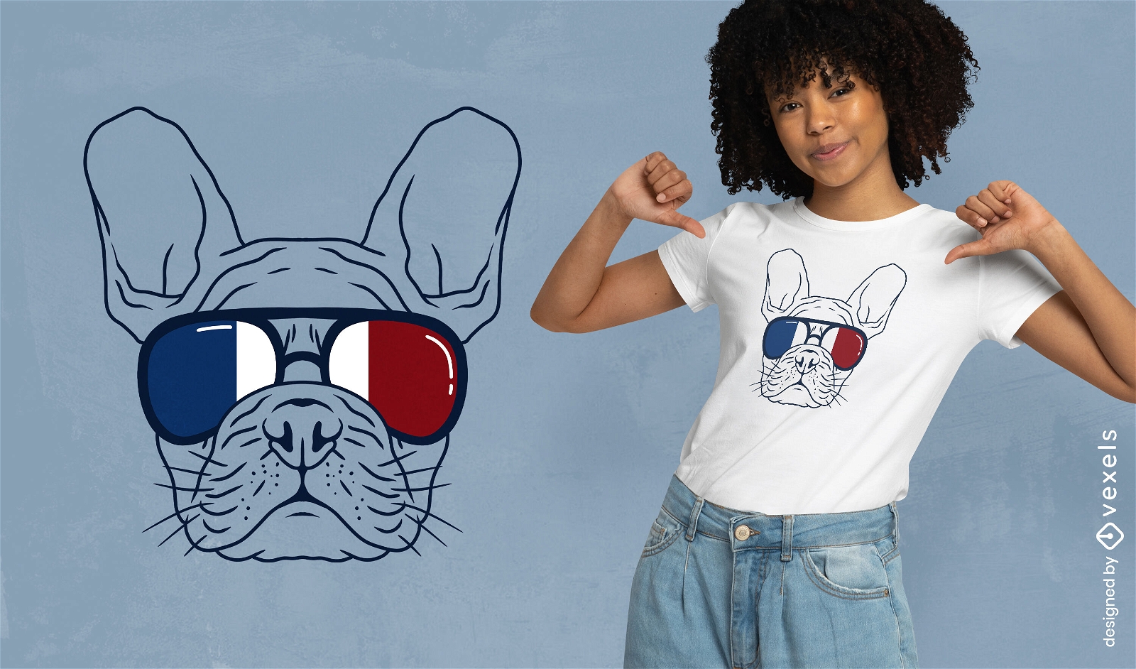 Diseño de camiseta con gafas de sol de bulldog francés.