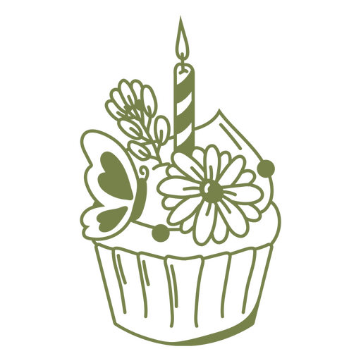 Cupcake de cumpleaños con adornos de mariposas y flores. Diseño PNG