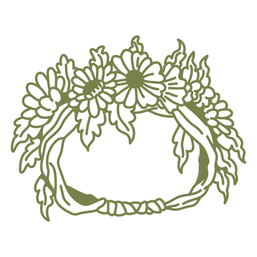 Corona floral con hojas y flores verdes. Diseño PNG