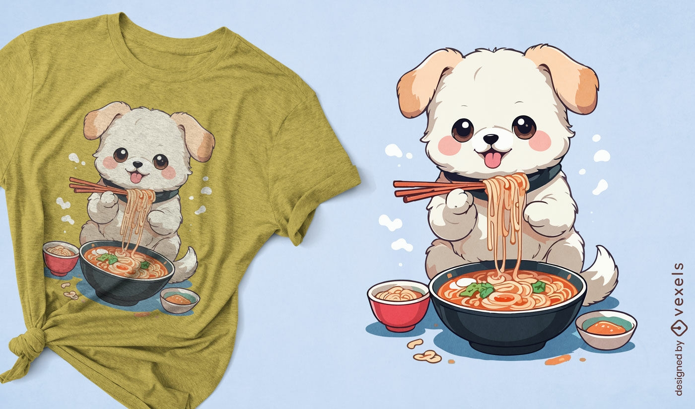 Cachorro fofo apreciando o design de uma camiseta de ramen