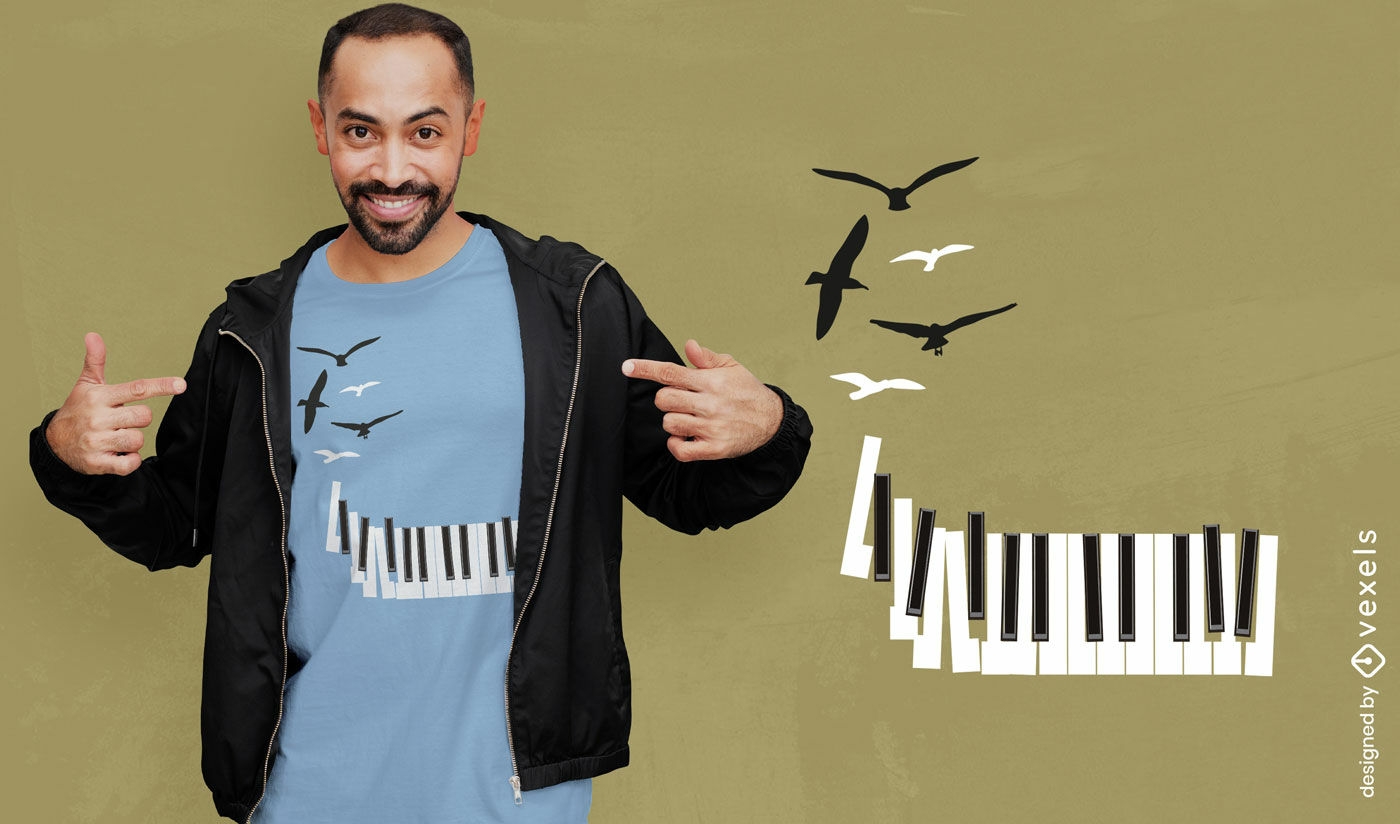 Design de camiseta com teclas de piano e p?ssaros