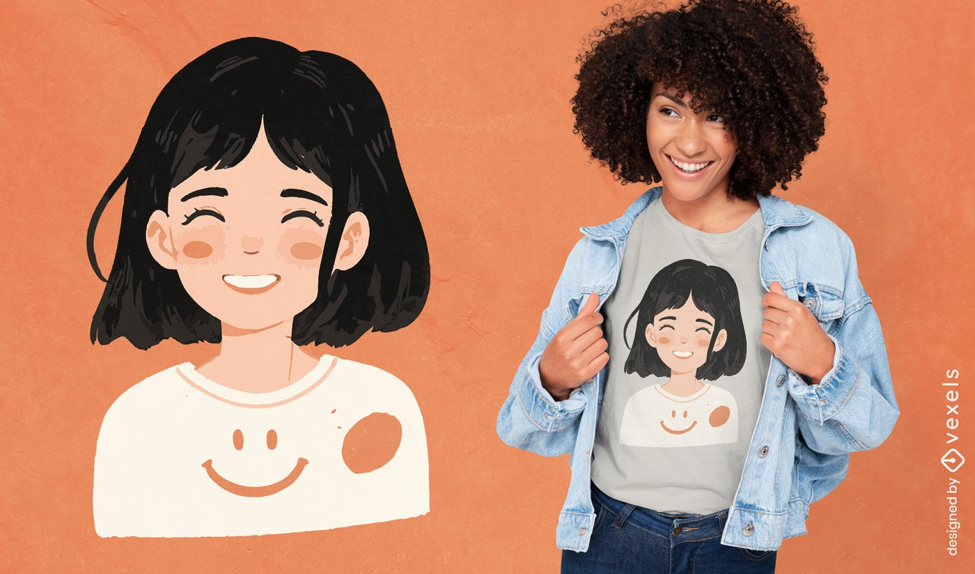 Design de camiseta de desenho animado de menina sorridente