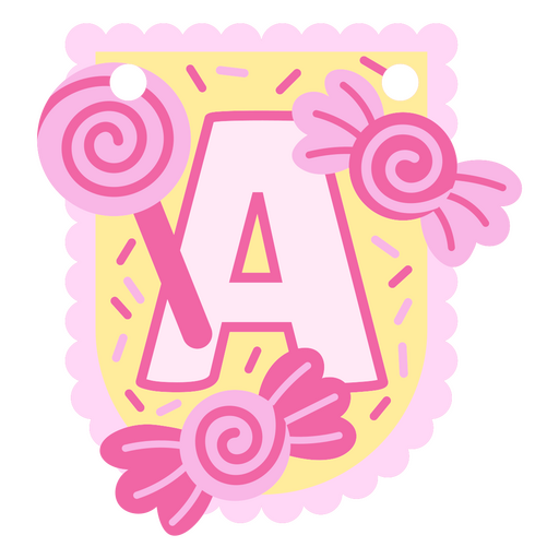 Pink and yellow letter A with swirls and candy PNG Design