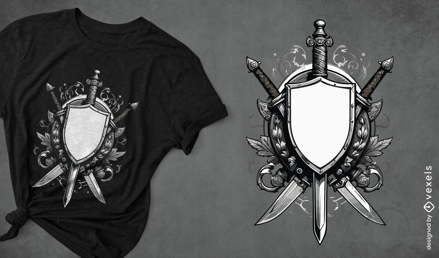 Design de camiseta medieval com escudo e espadas