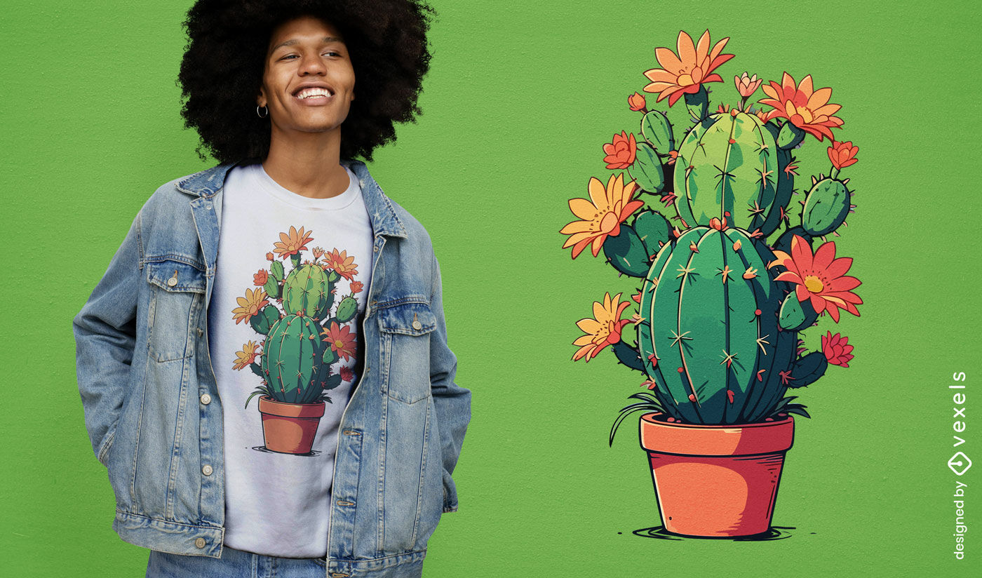 Diseño de camiseta de cactus con flores amarillas.