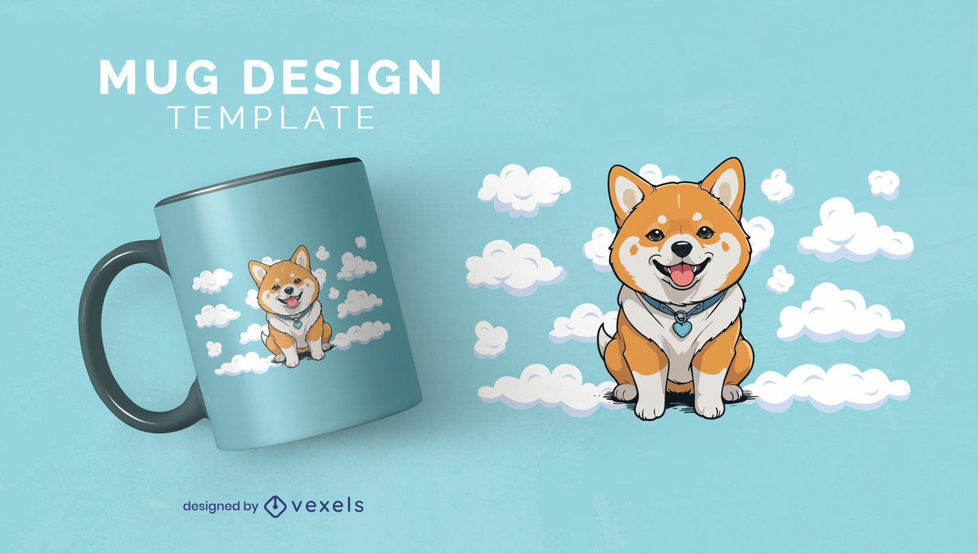 Diseño de taza Shiba Inu entre nubes.