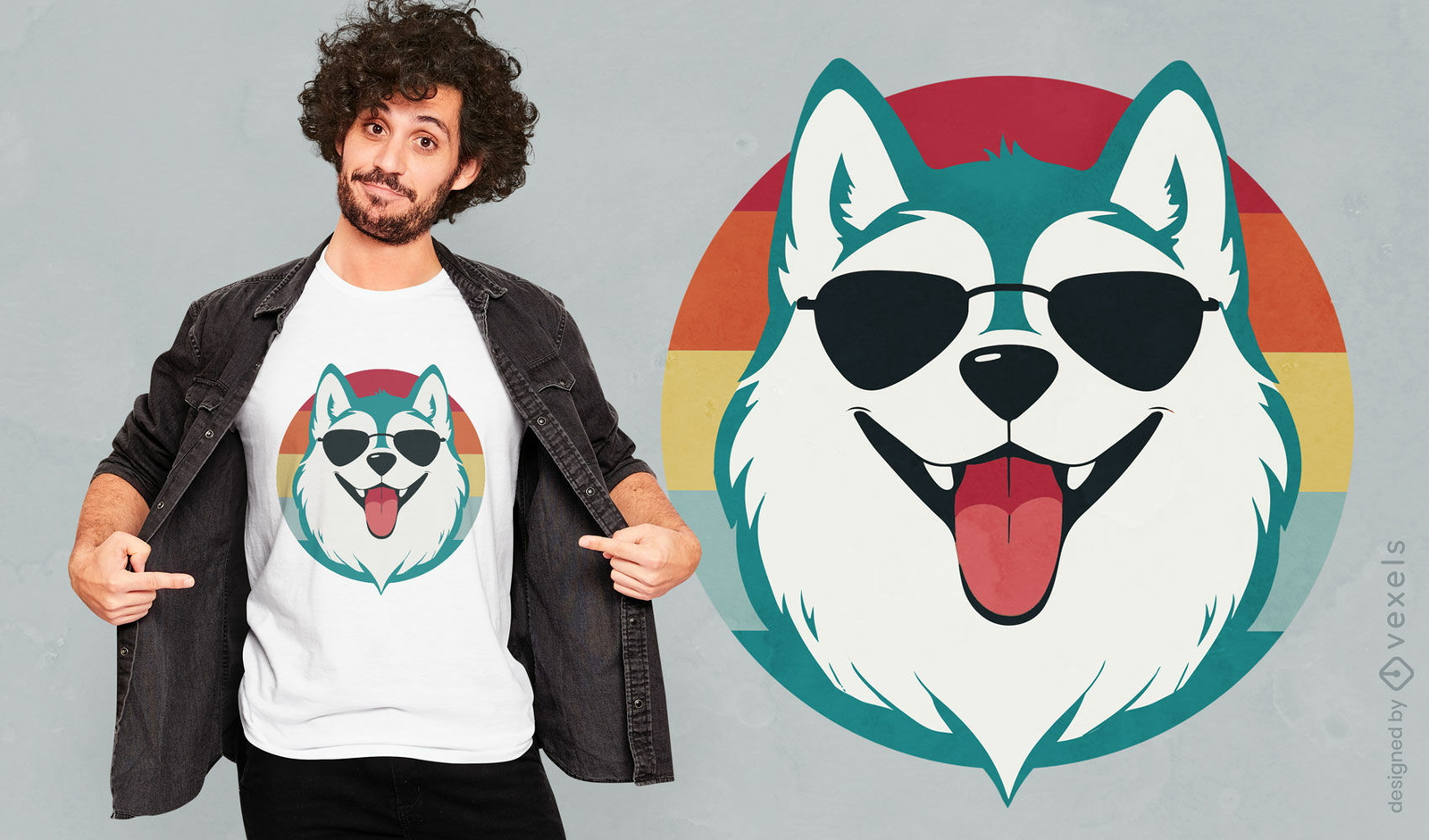 Genial diseño de camiseta husky con gafas de sol.