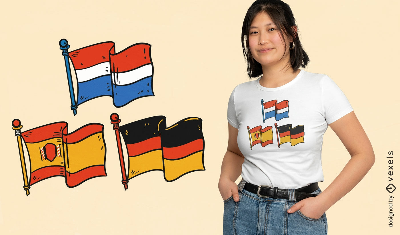 Diseño de camiseta de banderas coloridas europeas.