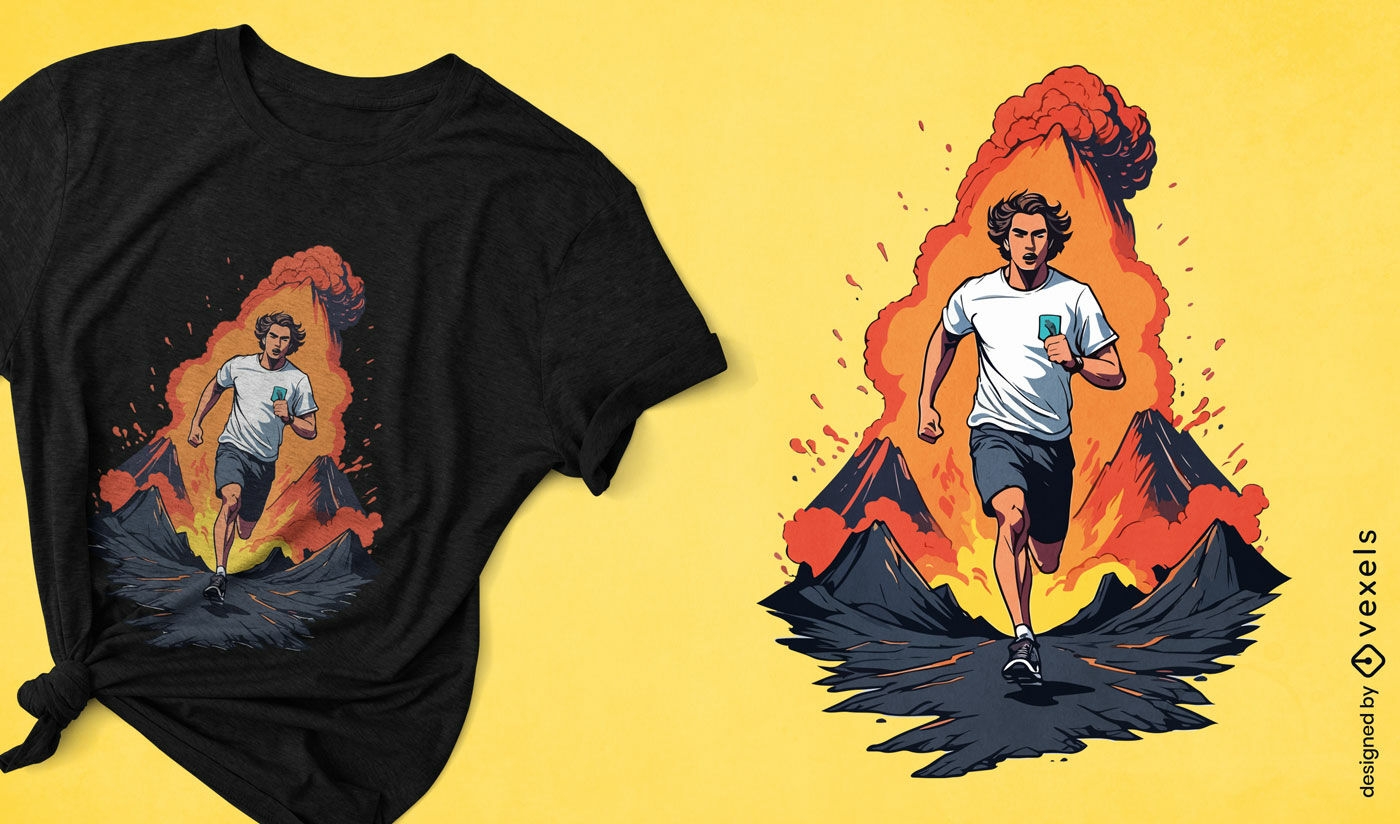 Diseño de camiseta de hombre corriendo y volcán.