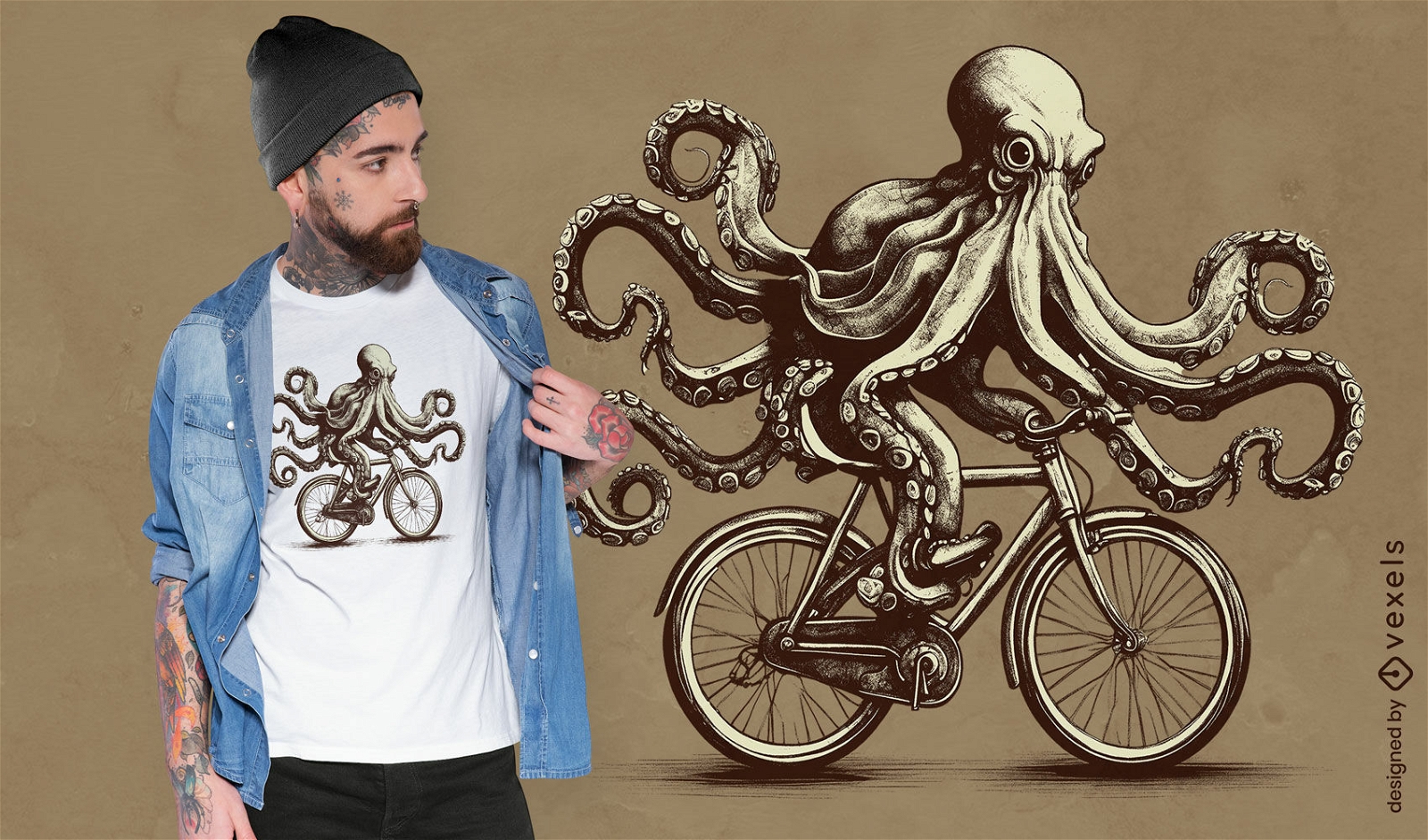 Diseño de camiseta de pulpo en bicicleta.