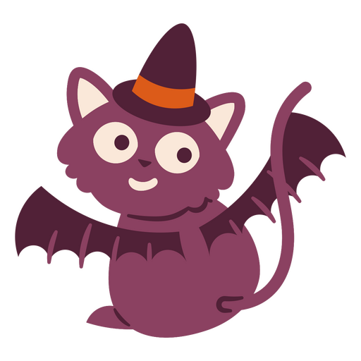Lindo gatinho roxo com asas de morcego e chapéu de bruxa Desenho PNG