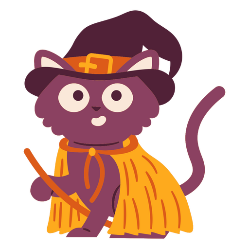 Gato morado con sombrero de bruja y escoba. Diseño PNG