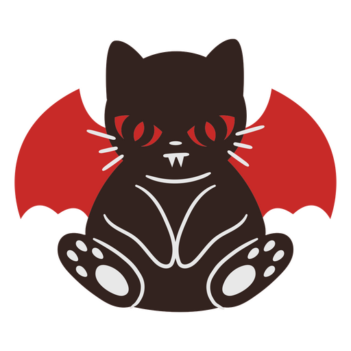 Lindo gato negro con alas y colmillos rojos. Diseño PNG
