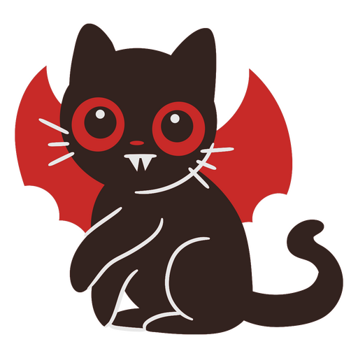 Gato negro con dibujos animados de ojos rojos y colmillos. Diseño PNG