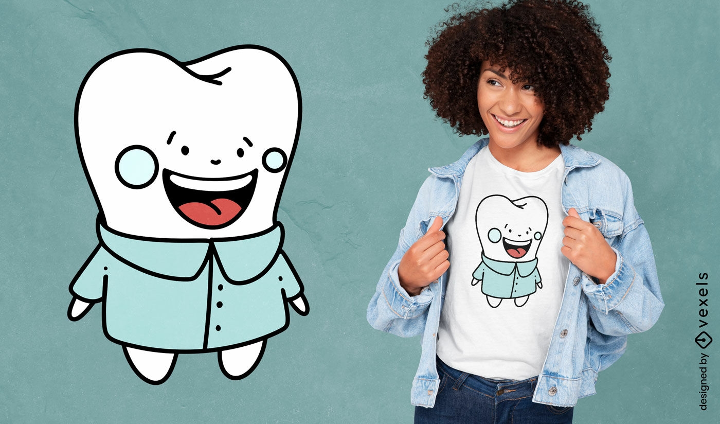 Diseño de camiseta de diente de dibujos animados sonriente.