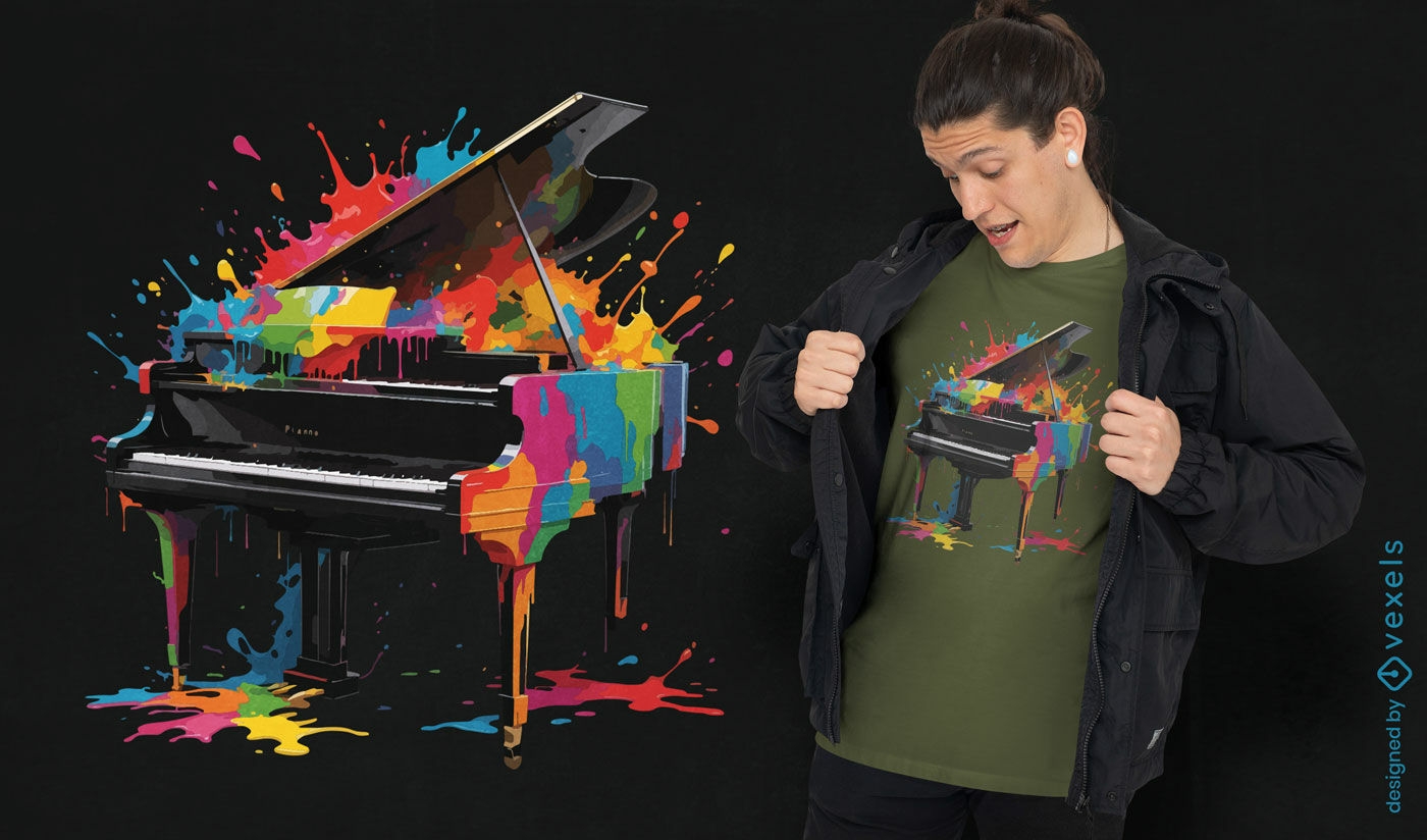Diseño de camiseta de piano salpicado de colores.