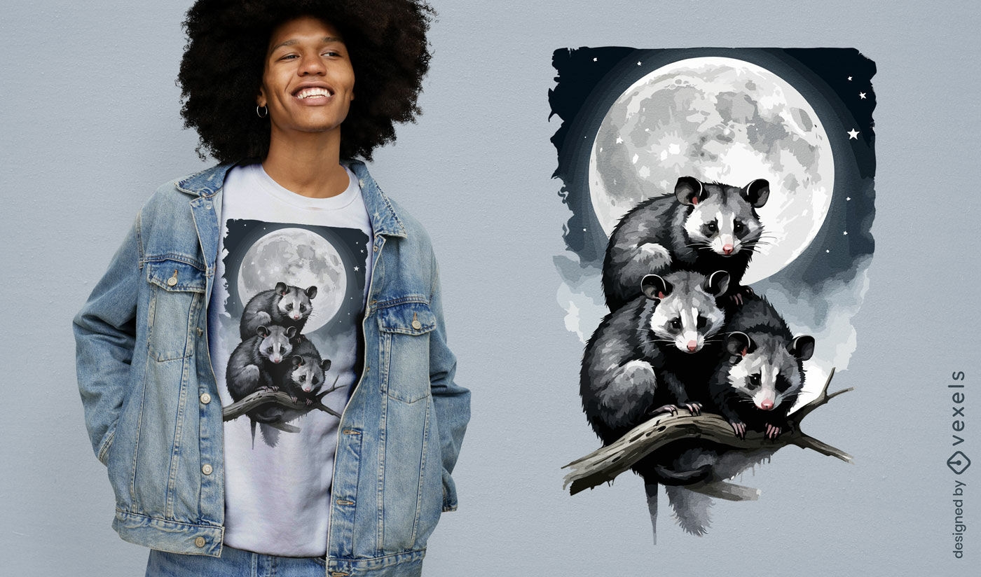T-Shirt-Design mit Opossum im Mondlicht