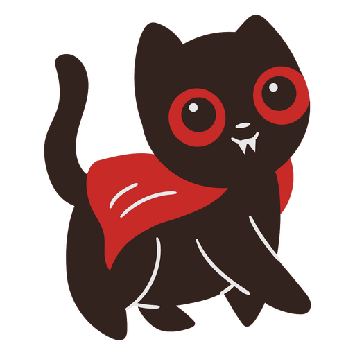 Lindo gato negro con ojos rojos y capa roja. Diseño PNG