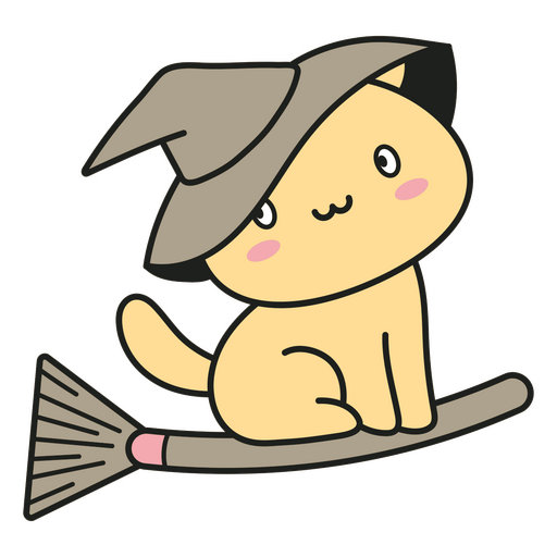 Playful cat illustration on a broomstick PNG Design