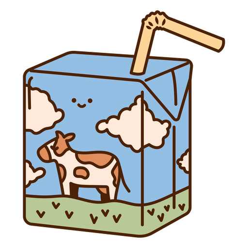 Bonita ilustración de cartón de leche con vaca y nubes. Diseño PNG