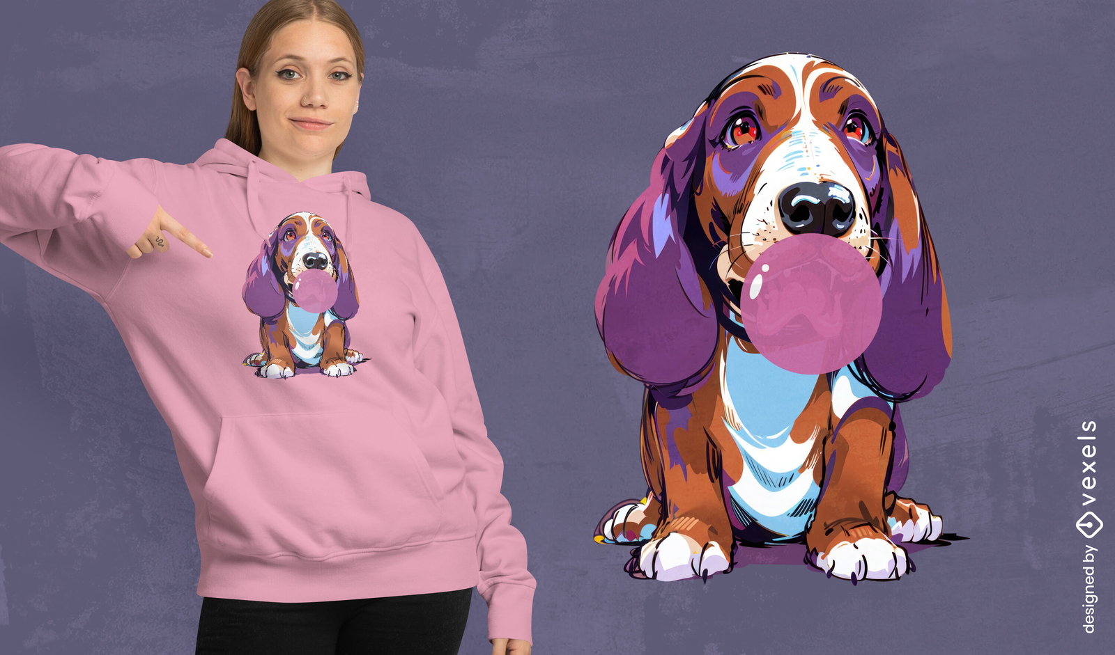 Diseño de camiseta Basset Hound soplando chicle.