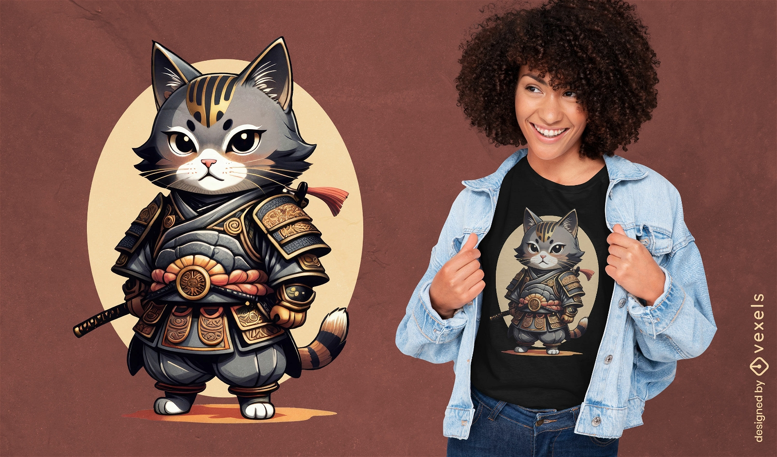 Design adorável de camiseta com gato samurai