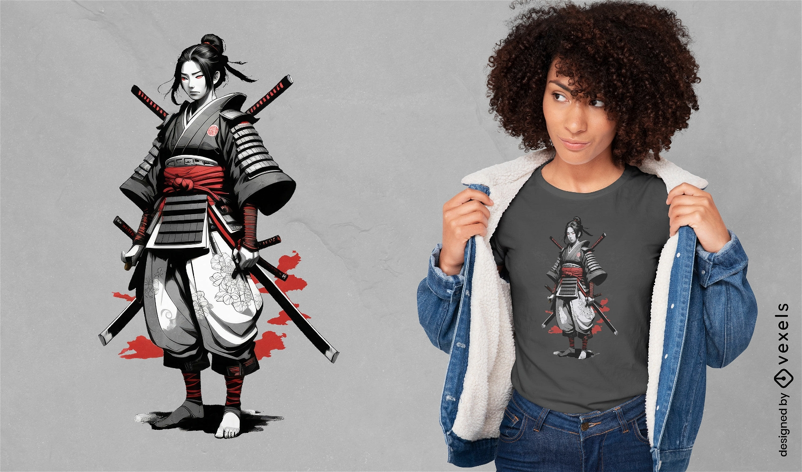 Diseño de camiseta samurái femenina.