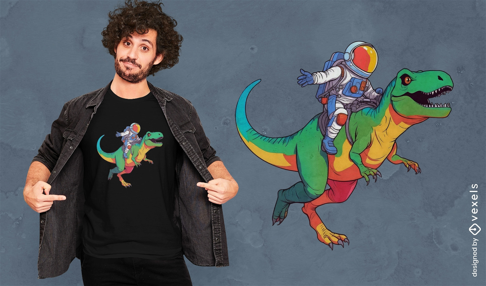 Diseño de camiseta de astronauta montando dinosaurio.