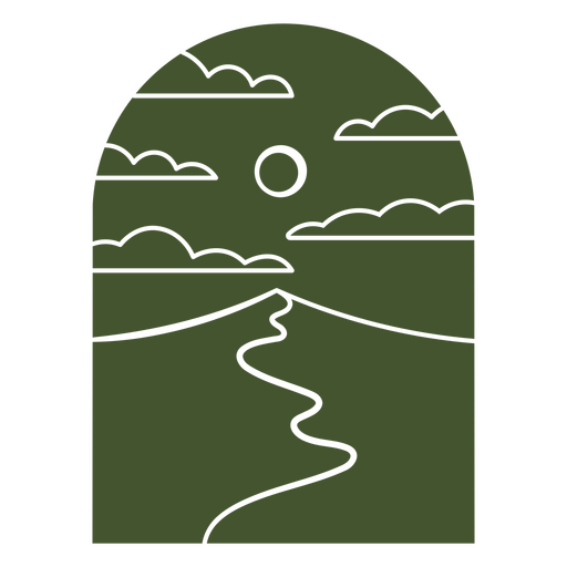 Ilustração de paisagem minimalista com caminho sinuoso e nuvens Desenho PNG