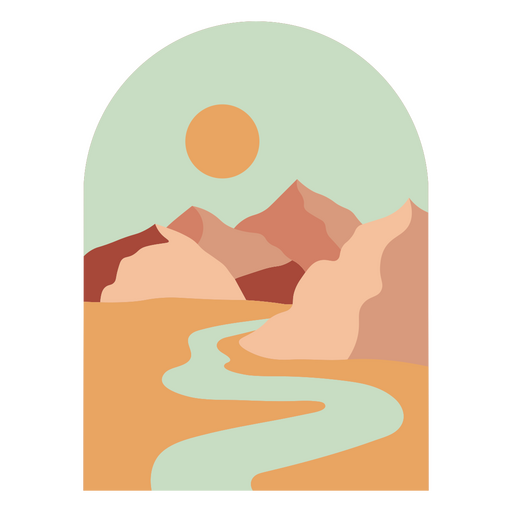 Diseño de ilustración de paisaje desértico estilizado con río y sol. Diseño PNG