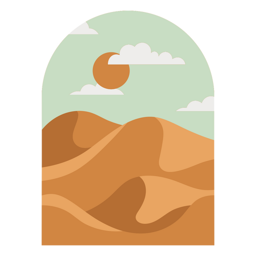 Ilustración minimalista de una escena desértica con diseño de sol y nubes. Diseño PNG