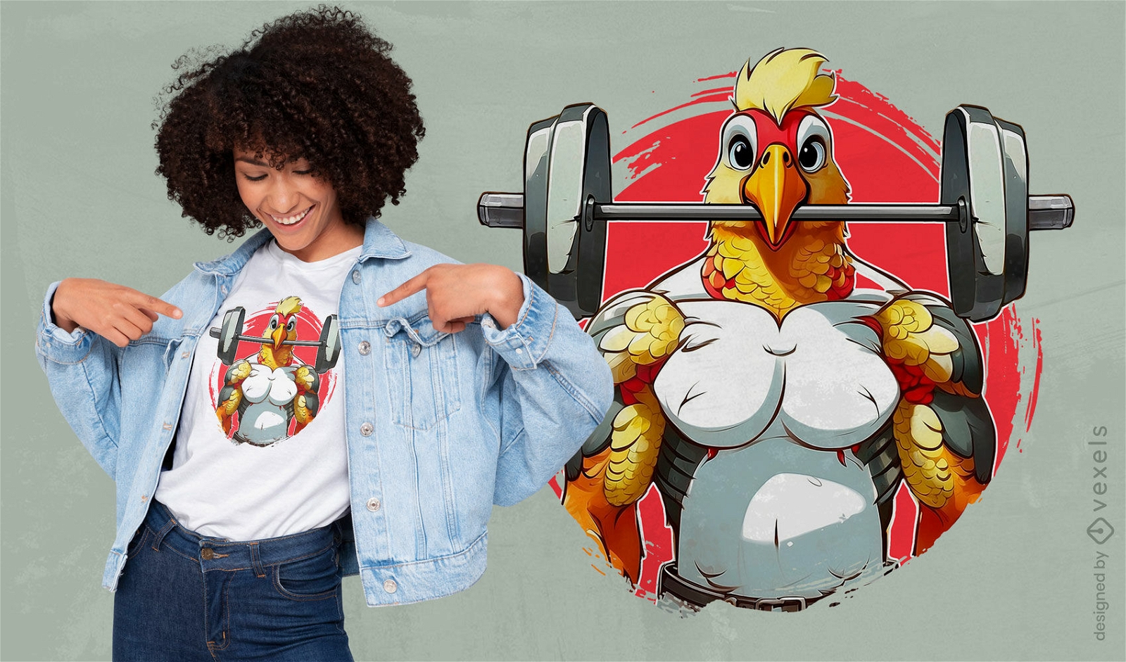 Diseño de camiseta de pollo levantando pesas.