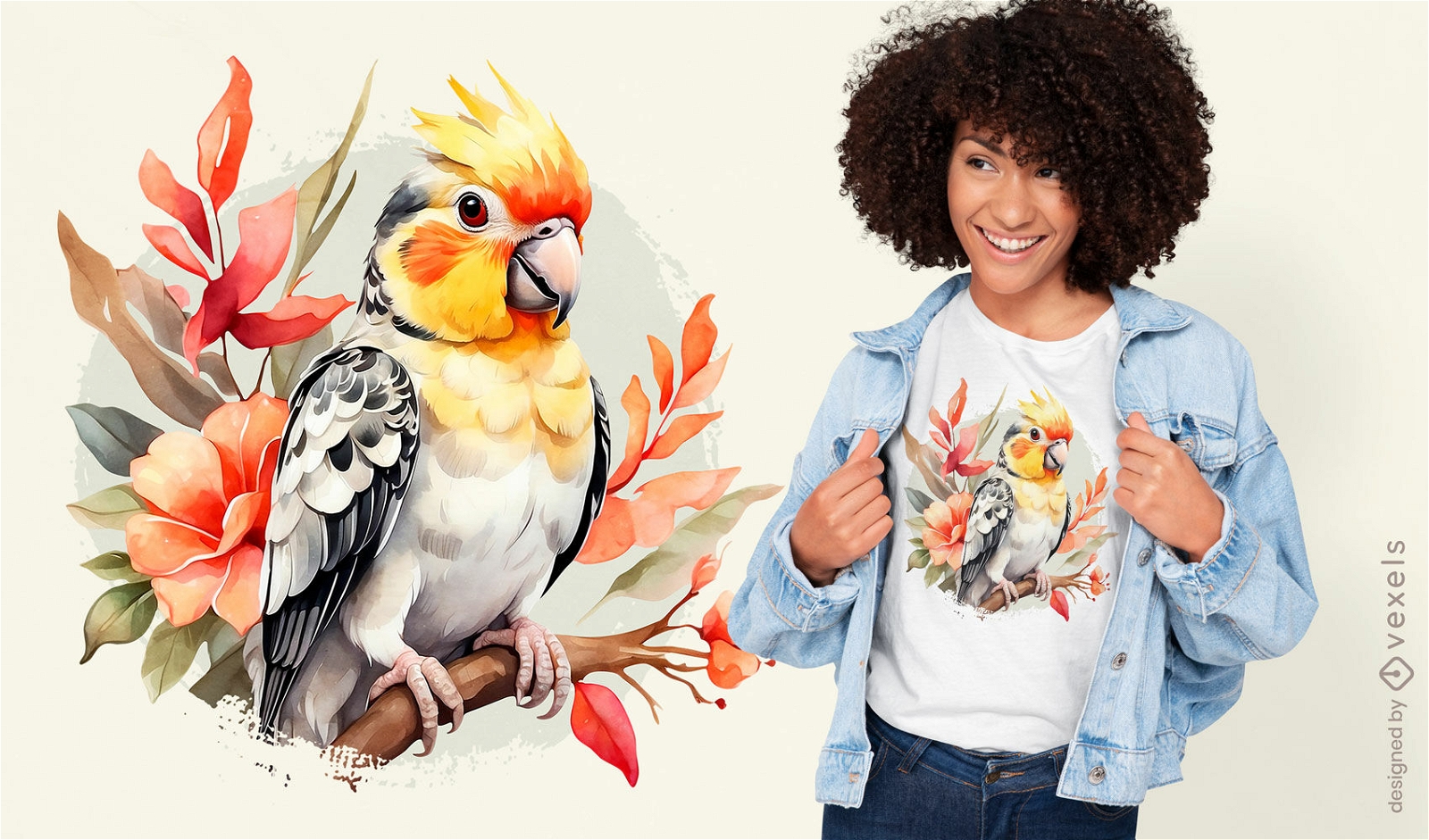 Design de camiseta aquarela com papagaio e flores