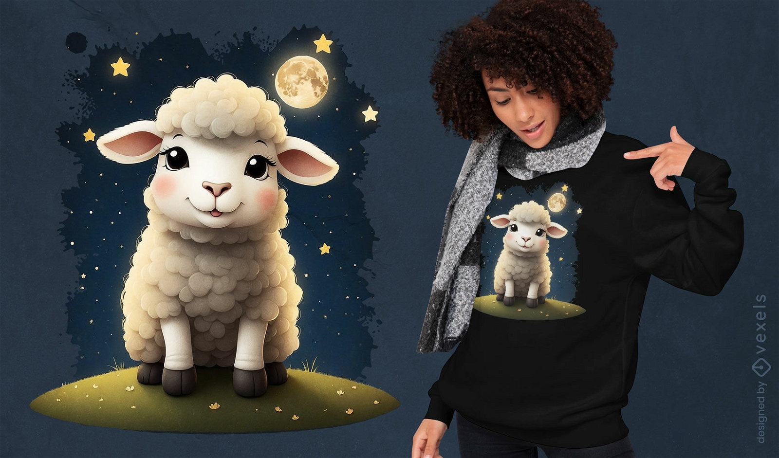 Design fofo de camiseta com ovelha e lua