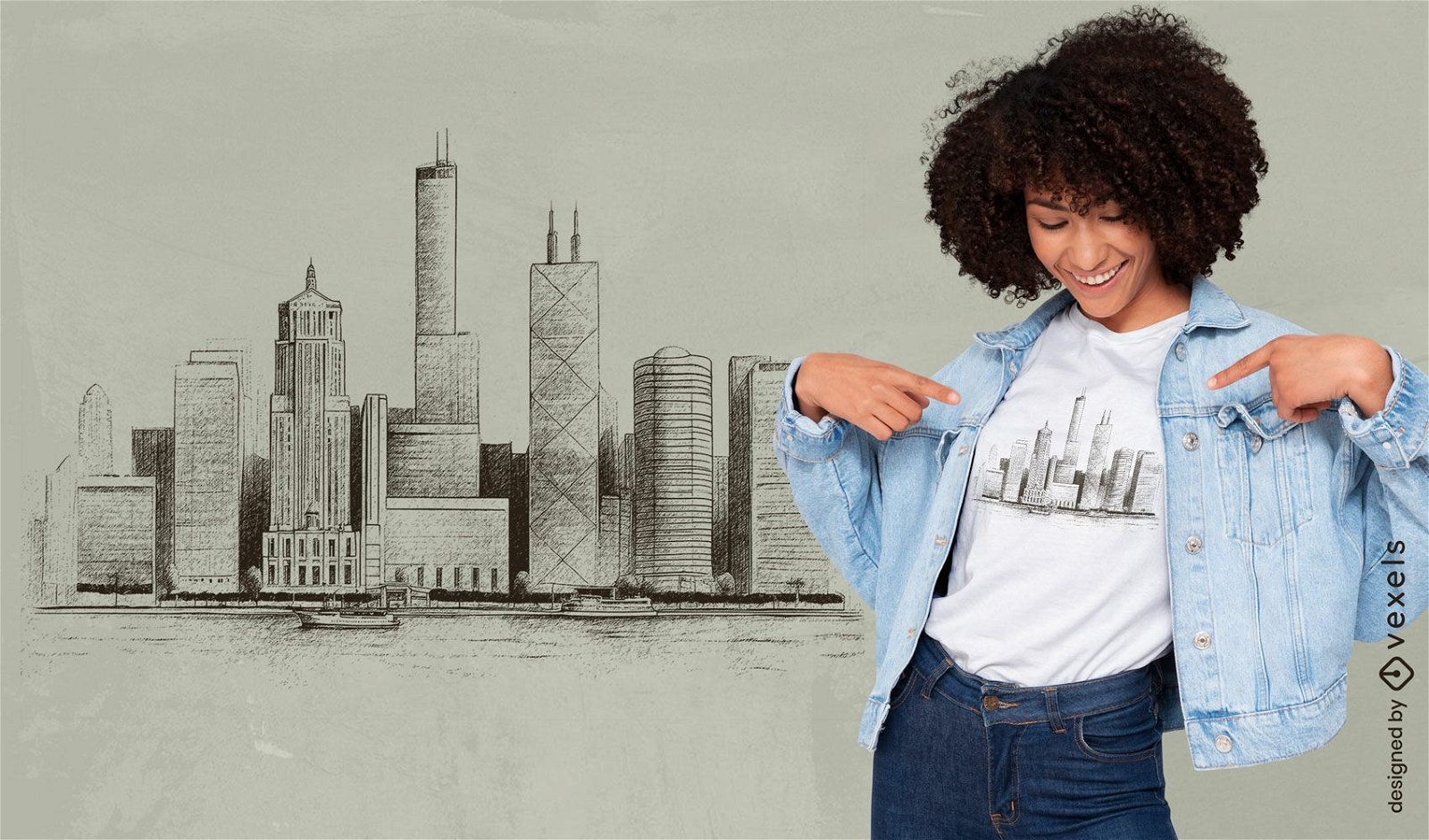 Dise?o de camiseta bosquejado del horizonte de Chicago.